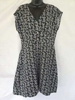 LOFT▪️Floral Button Down V-neck Linen Blend Sundress in Black & White